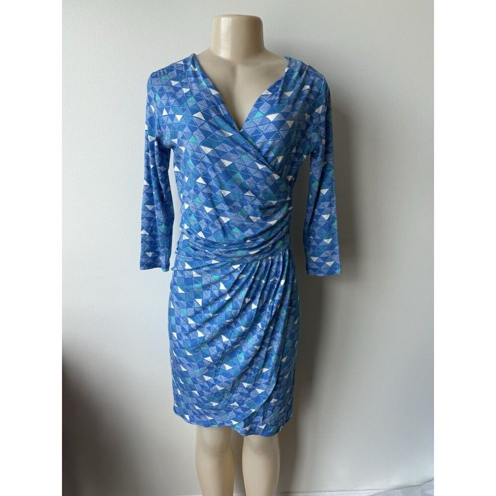 Hatley Wrap Dress Blue W Green And White Geometric Accents XS Office Date Casual